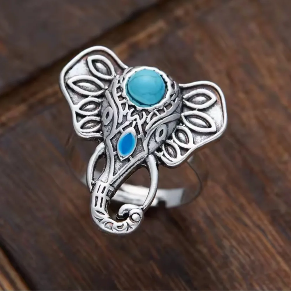 Boho Silver Elephant Ring with Blue Accents